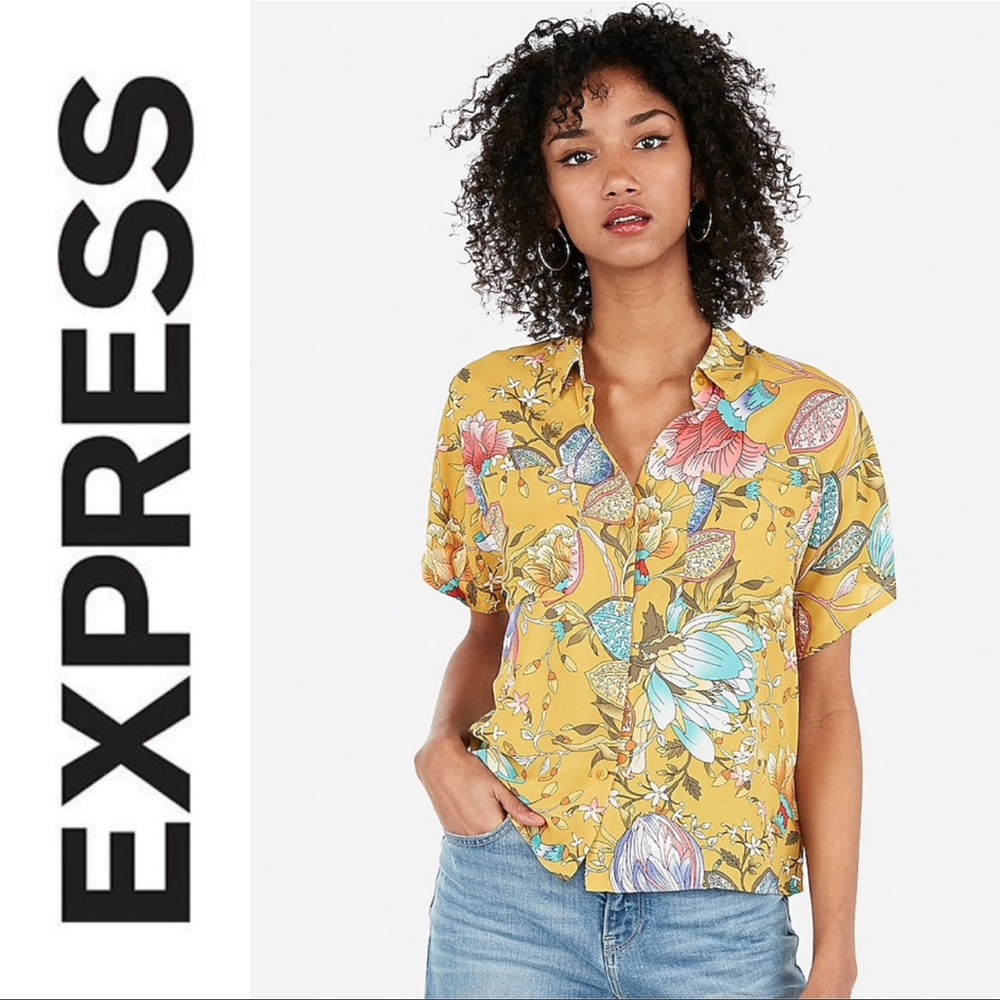 EUC {EXPRESS} Floral Boxy Cropped Short Sleeve Button-down Top, S